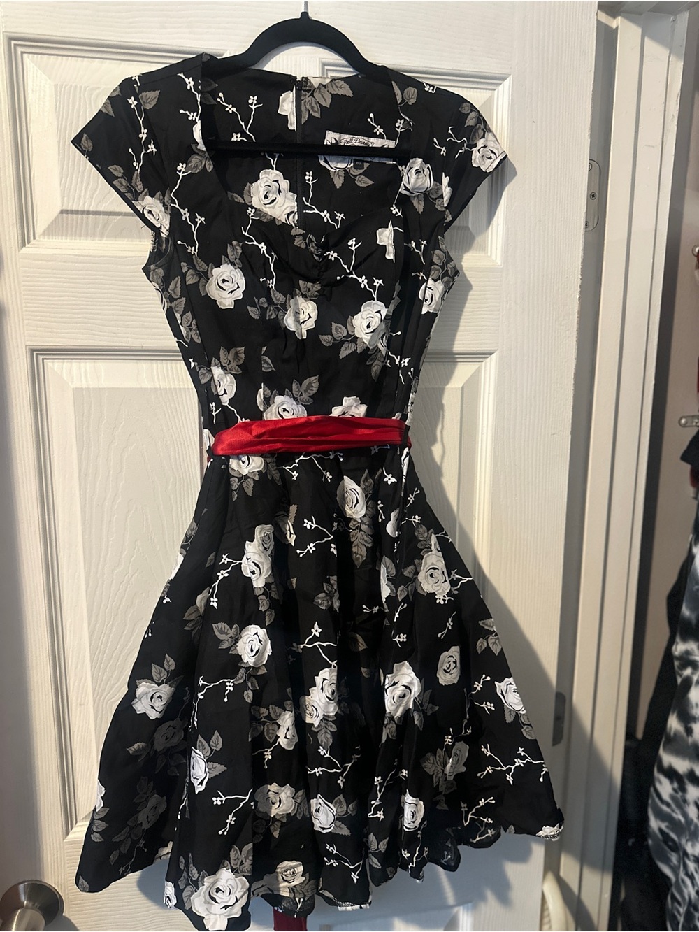 Hell Bunny Black Floral Fit-and-Flare Dress with Red Waist Sash